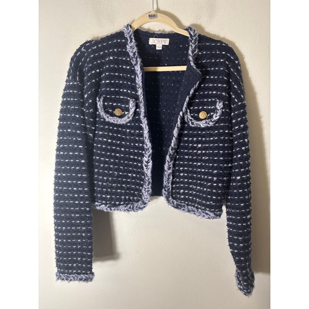 J. Crew Navy and Light Blue Tweed-Style Cropped Cardigan